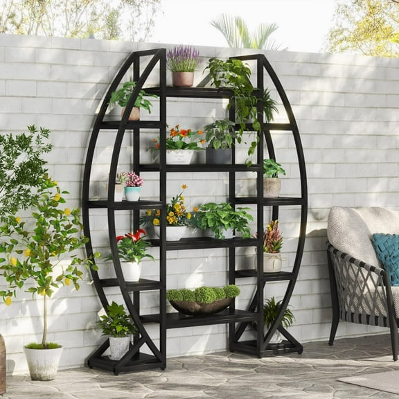 Tribesigns 5 Tier Plant Stand Indoor, Half-Moon Shaped Large Plant Shelf, Industrial Curved Oval Flower Pot Rack for Living Room, Balcony, Patio, Garden (Black)