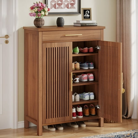 Tribesigns 5-Tier Shoe Cabinet with Louvered Doors & Drawer, 20 Pairs Freestanding Wooden Shoe Rack Storage Cabinet with Adjustable Shelves for Entryway, Hallway, Closet, Brown