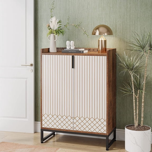 Tribesigns 5-Tier Shoe Cabinet, Modern Organizer with Sturdy Metal Frame, Brown & White