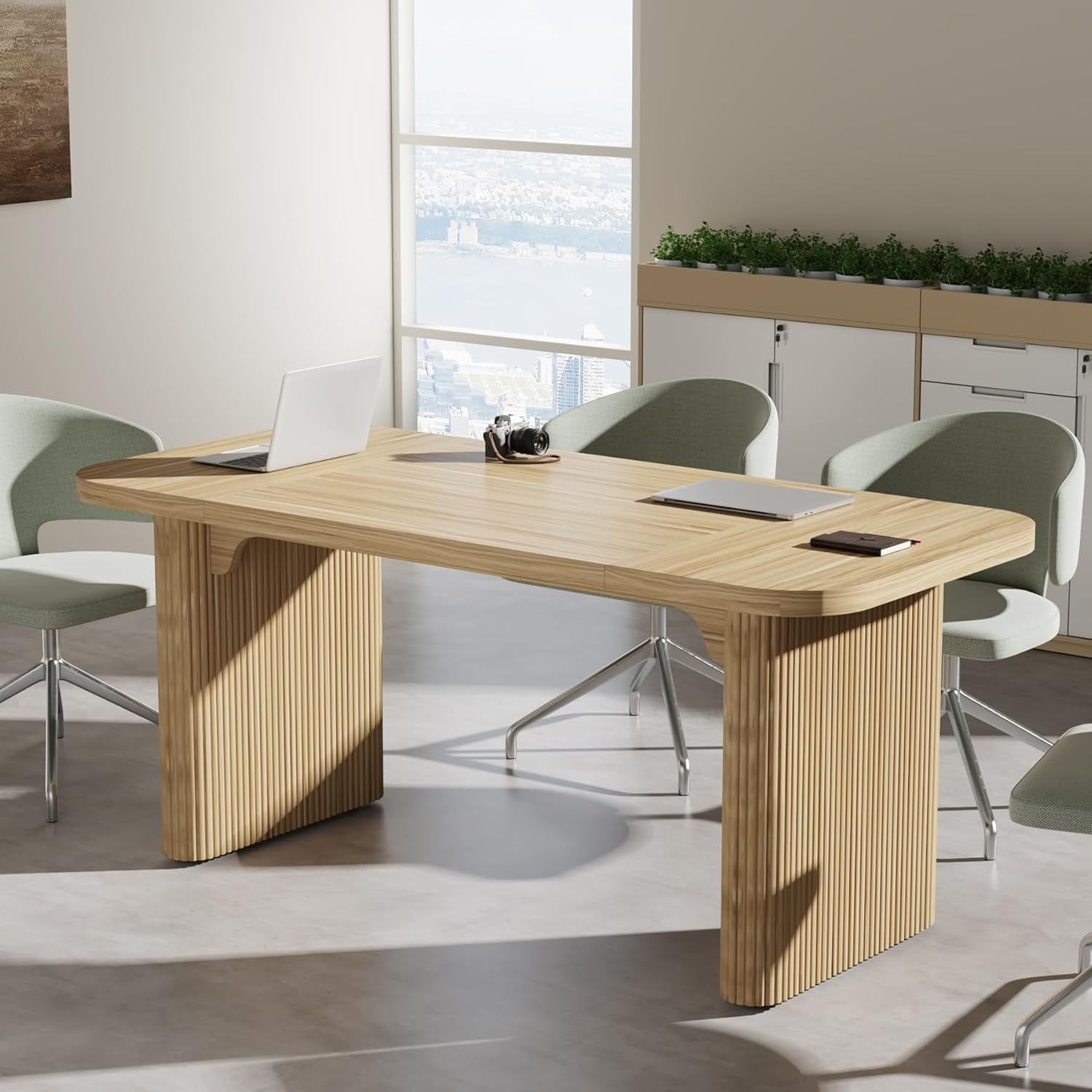 Moronia 62 In. Rectangle Brown Wood Conference Table, Seminar Table With Double Pedestal For Office Meeting Room