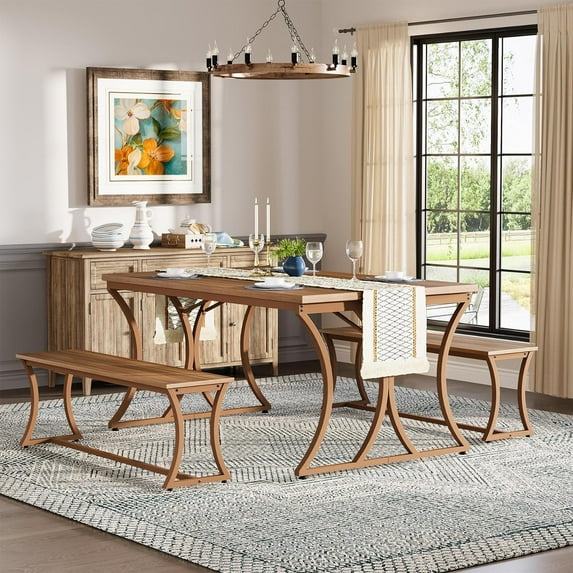 Tribesigns 51-Inch Dining Table Set with 2 Benches & Table Runner, Dining Room Table Set for 4-6