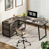 Finmind 53-Inch L-Shaped Desk with 3 Drawers and Storage Shelves for Home Office, Gray