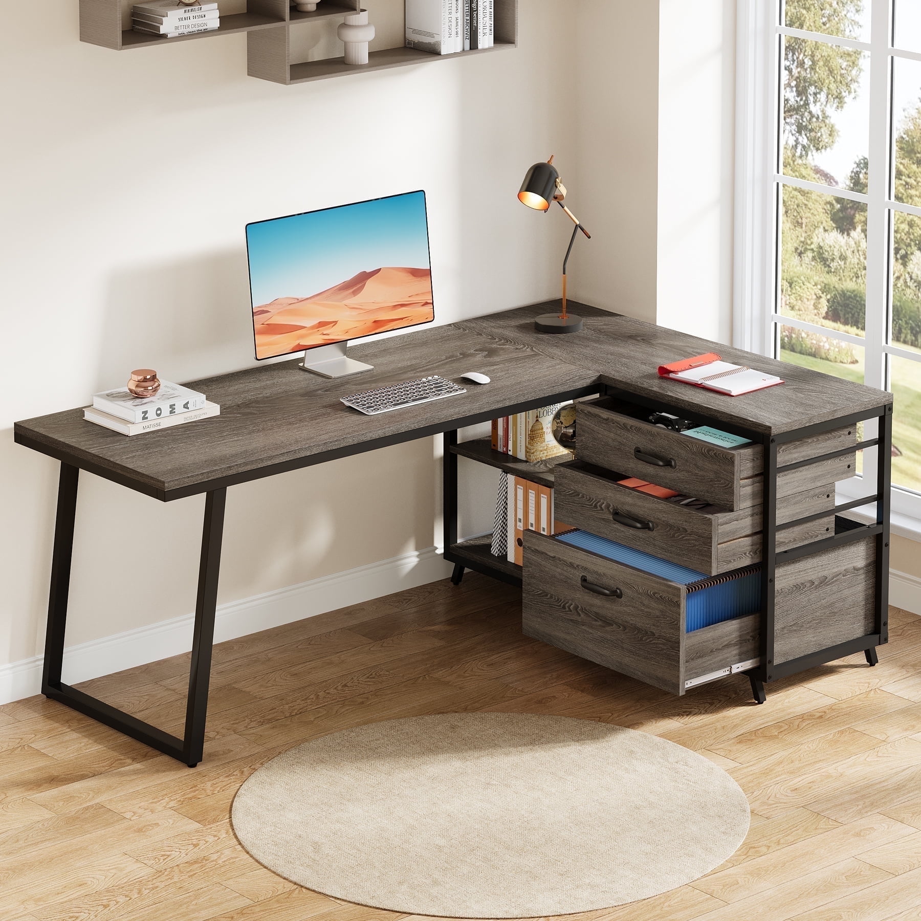 Tribesigns 53" L Shaped Office Desk, Reversible Corner Computer Desk with 3 File Drawers and 2 Storage Shelves for Home Office, Study, Gaming Room (Gray)