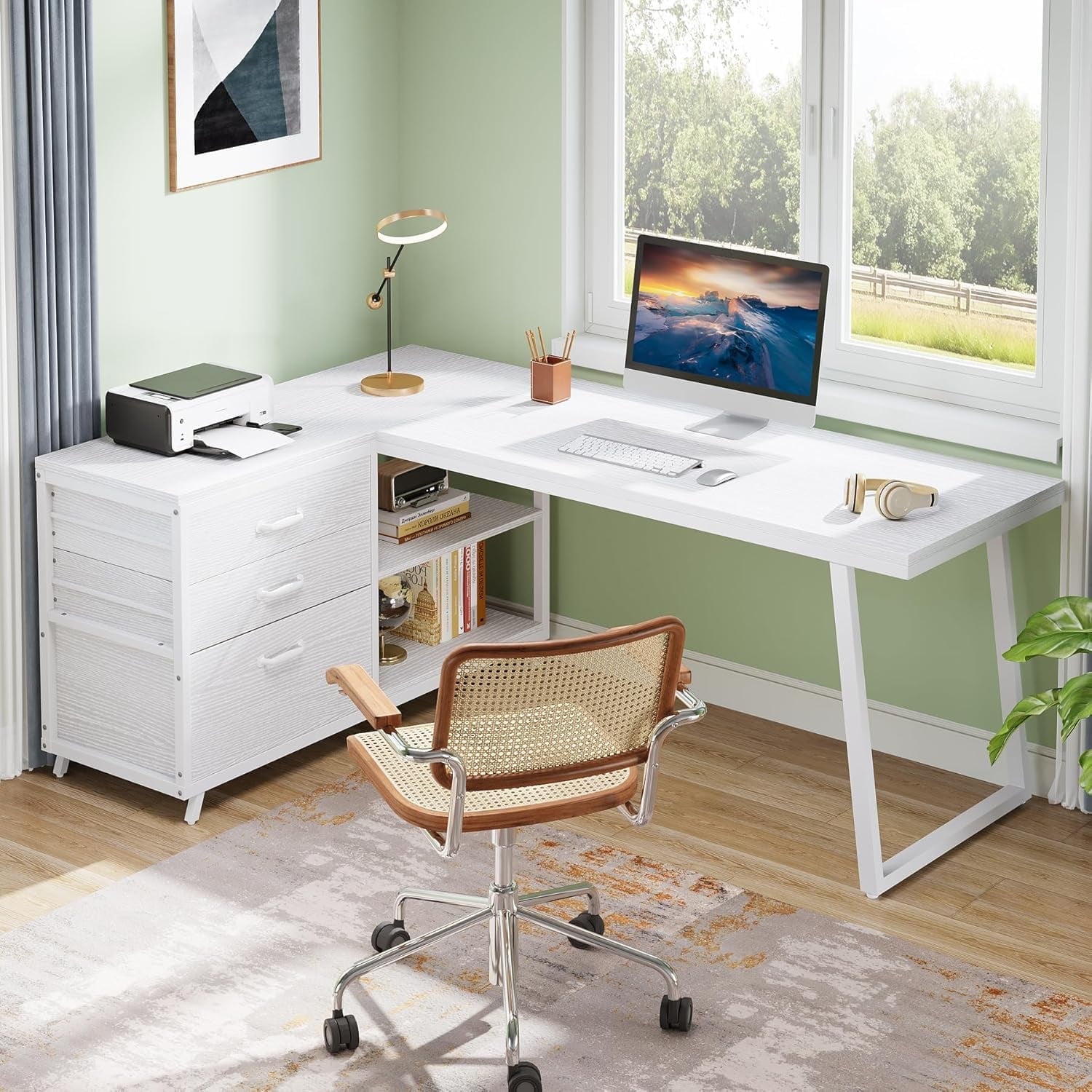 Tribesigns 53" L Shaped Office Desk, Reversible Corner Computer Desk with 3 File Drawers and 2 Storage Shelves for Home Office, Study, Gaming Room (White)