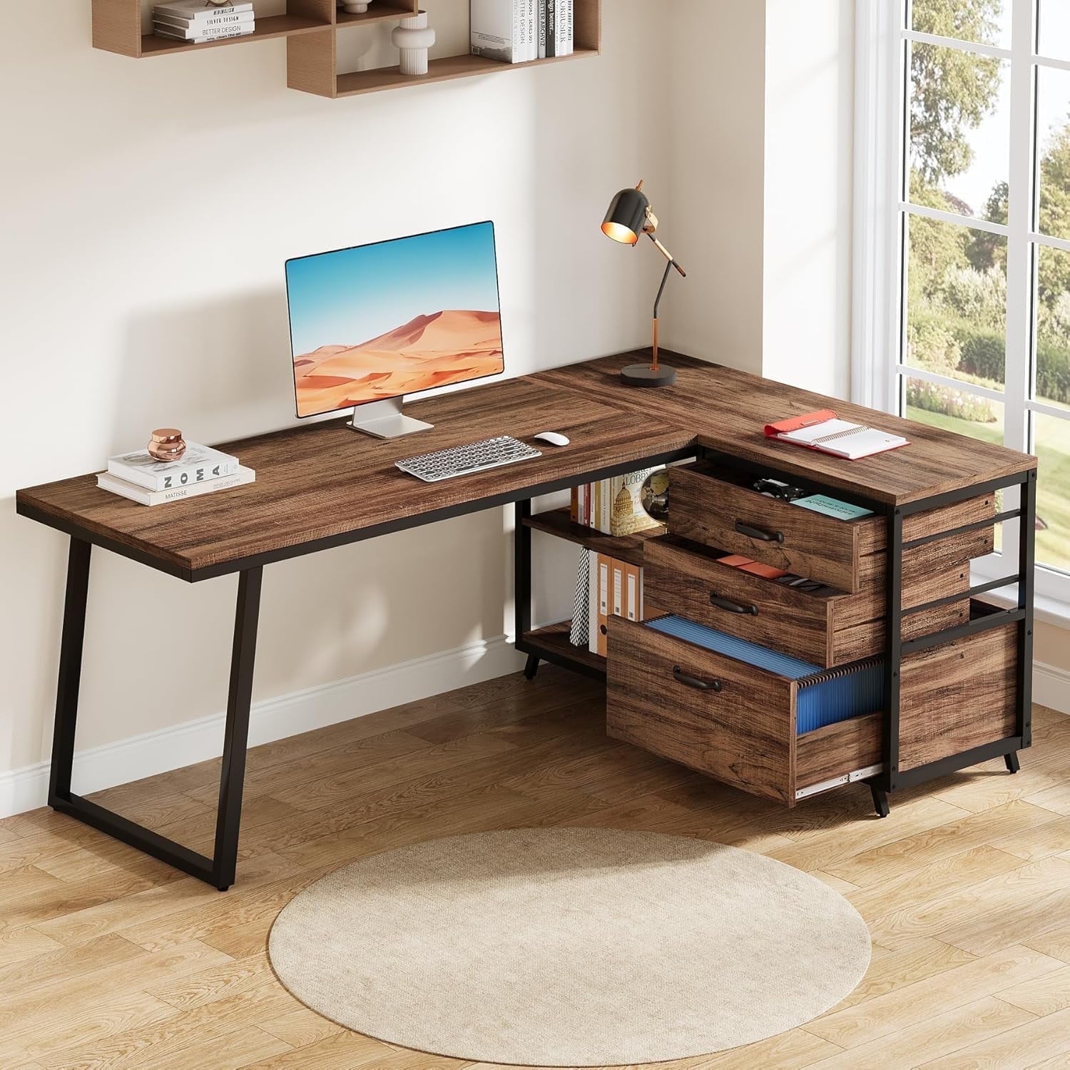 Tribesigns 53" L Shaped Office Desk, Reversible Corner Computer Desk with 3 File Drawers and 2 Storage Shelves for Home Office, Study, Gaming Room (Brown)