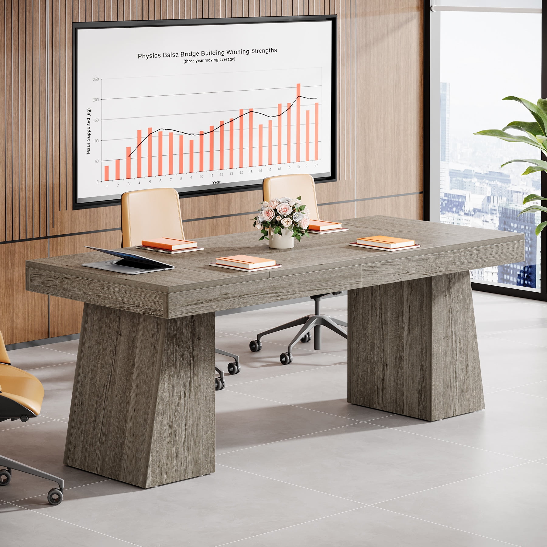 55.1 Inch Conference Table For 4-6 People - Modern White Meeting Desk With Double Trapezoid Legs