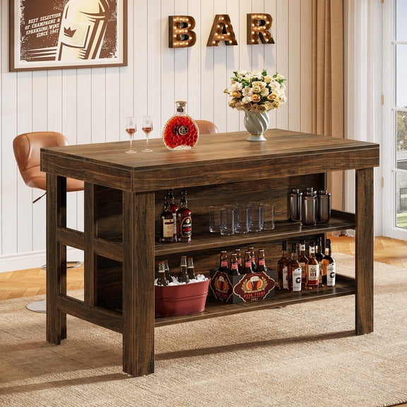 Tribesigns 55.1-Inch Bar Table with Storage Shelves, Farmhouse Counter Height Bar Cabint for Home, Kitchen & Dining Room, Living Room (Dark Brown)