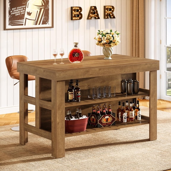Tribesigns 55.1-Inch Bar Table with Storage Shelves, Farmhouse Counter Height Bar Cabint for Home, Kitchen & Dining Room, Living Room (Oak Brown)