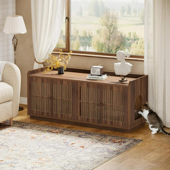 Tribesigns 55.1-Inch Cat Litter Box Enclosure, Extra Large Hidden Litter Box Furniture with 2 Cabinets and Side Entrance for Living Room, Rustic Brown