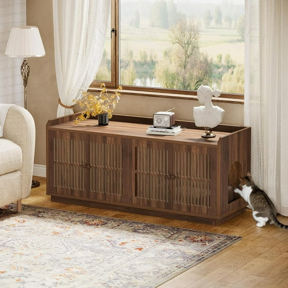 Tribesigns 55.1-Inch Cat Litter Box Enclosure, Extra Large Hidden Litter Box Furniture with 2 Cabinets and Side Entrance for Living Room, Rustic Brown