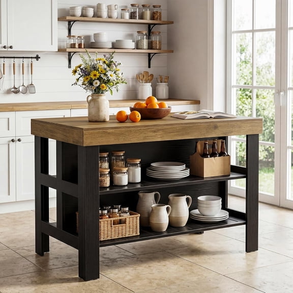 Tribesigns 55.1-Inch Kitchen Island with Storage Shelves, Farmhouse Island Table with Large Countertop and Leg Room for Kitchen & Dining Room (Brown and Black)
