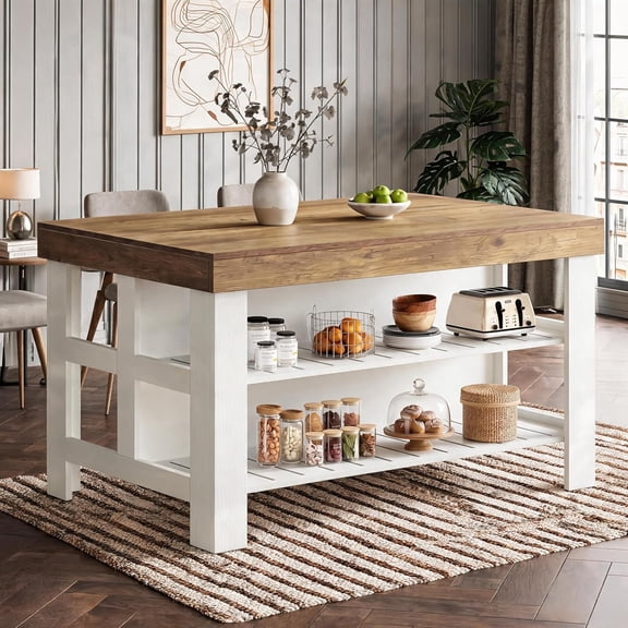 Tribesigns 55.1-Inch Kitchen Island with Storage Shelves, Farmhouse Island Table with Large Countertop and Leg Room for Kitchen & Dining Room (Brown and White)