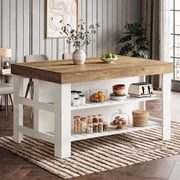 Tribesigns 55.1-Inch Kitchen Island with Storage Shelves, Farmhouse Island Table with Large Countertop and Leg Room for Kitchen & Dining Room Brown and White