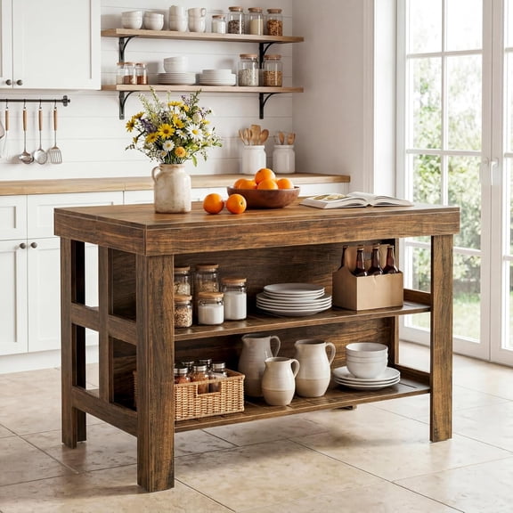 Tribesigns 55.1-Inch Kitchen Island with Storage Shelves, Farmhouse Island Table with Large Countertop and Leg Room for Kitchen & Dining Room (Dark Brown)