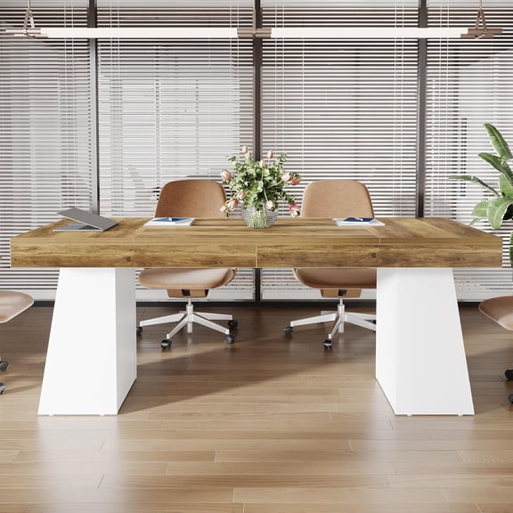 Tribesigns 55.1" W Modern Conference Table: Professional Meeting Desk with Thick Tabletop and Double Trapezoidal Legs, Designed for 4-6 People, Brown & White