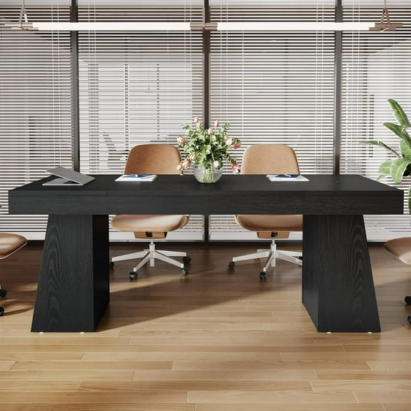 Finmind 55.1" W Modern Conference Table: Professional Meeting Desk with Thick Tabletop and Double Trapezoidal Legs, Designed for 4-6 People, Black
