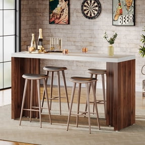Tribesigns 55.12-Inch Bar Table, Home Bar Unit with a Faux Marble Finished Tabletop, Modern Freestanding Mini Bar for Home Kitchen, Living Room, Balcony, Basement, Walnut & White
