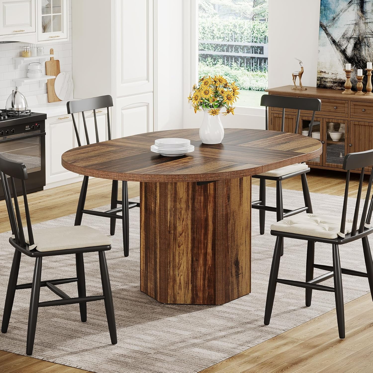 Tribesigns 55.12 Inches Oval Dining Table Wood Kitchen Table for 4 6 People Rustic Dining Room Table with Wooden Base for Kitchen Dining Room