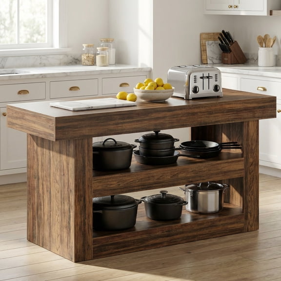 Tribesigns 55" 3-Tier Kitchen Island with Storage, Farmhouse Island Table with Large Countertop, Wooden Bar Table Storage for Kitchen, Dining Room, Brown