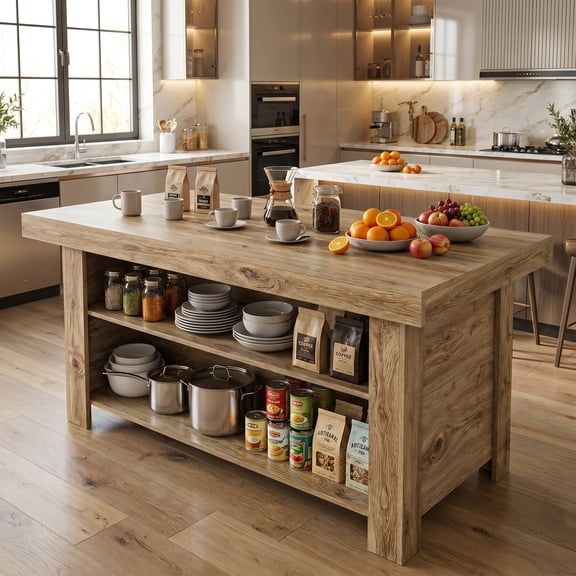 Fnova 55" 3-Tier Kitchen Island with Storage Shelf, Farmhouse Wooden Stationary Island Table with Large Worktop for Kitchen, Light Brown