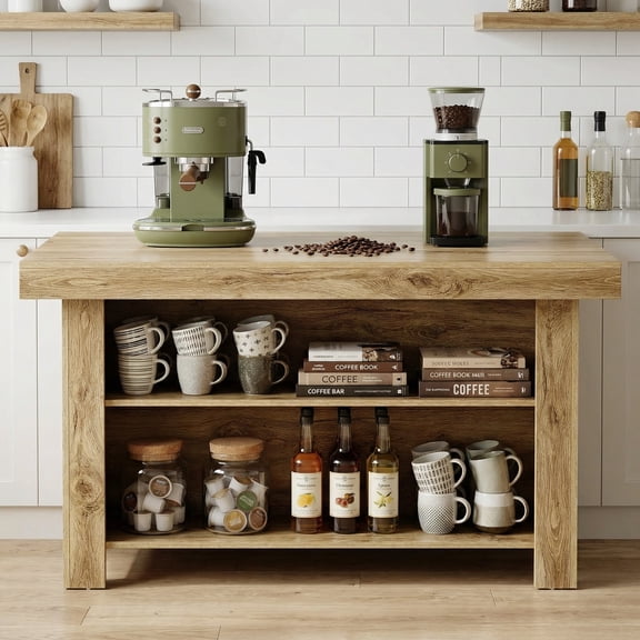 Tribesigns 55" 3-Tier Kitchen Island with Storage Shelf, Farmhouse Wooden Stationary Island Table with Large Worktop for Kitchen, Light Brown
