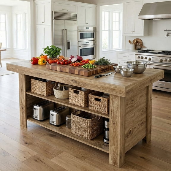 Fnova 55" 3-Tier Kitchen Island with Storage Shelf, Farmhouse Wooden Stationary Island Table with Large Worktop for Kitchen, Light Brown