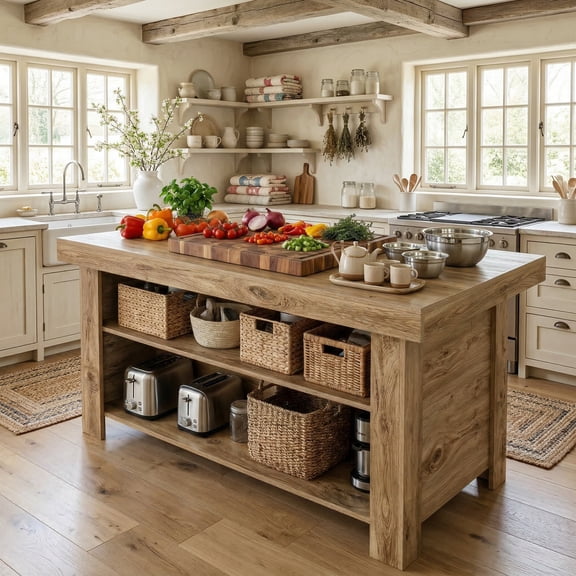 Fnova 55" 3-Tier Kitchen Island with Storage Shelf, Farmhouse Wooden Stationary Island Table with Large Worktop for Kitchen, Light Brown