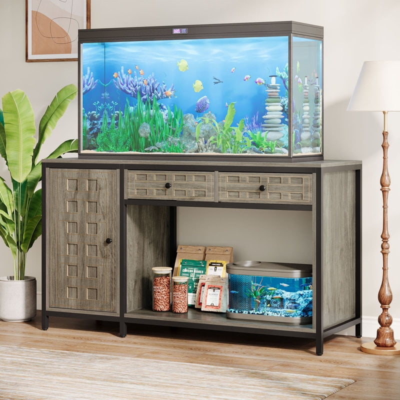 Gray Metal Aquarium Stand Cabinet with RGB Lighting and Power Outlets