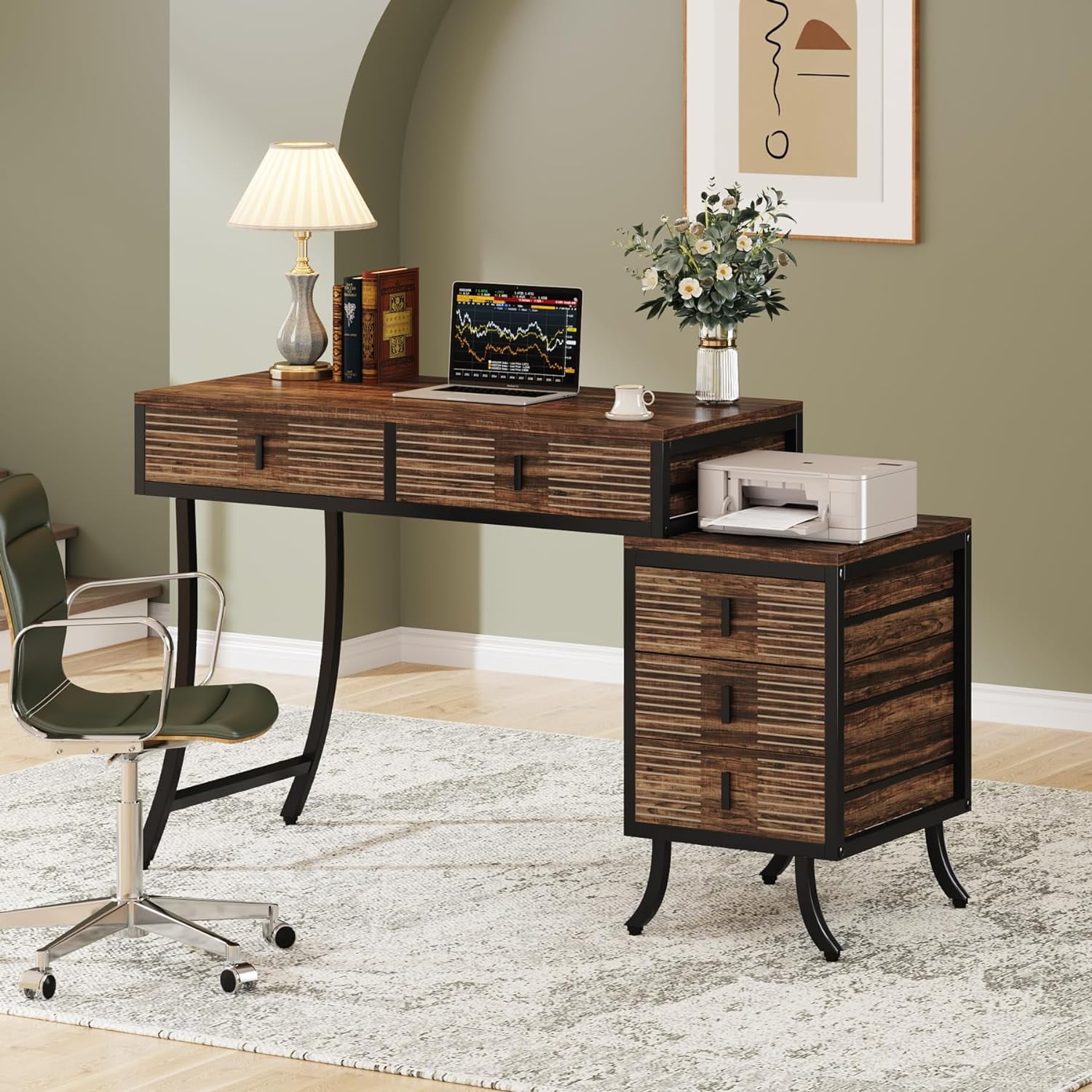 Industrial Brown Wood 55" Computer Desk with 5 Drawers