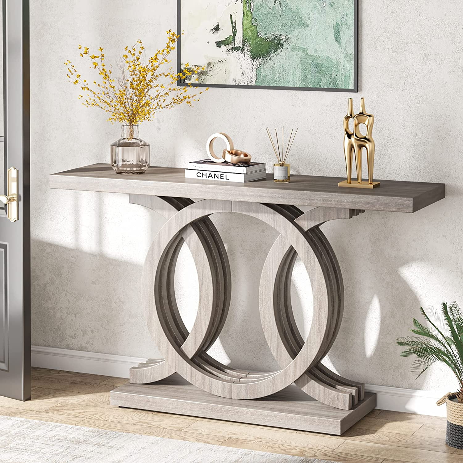 Tribesigns 55" Console Table With Geometric Base, Wooden Entryway Table ...