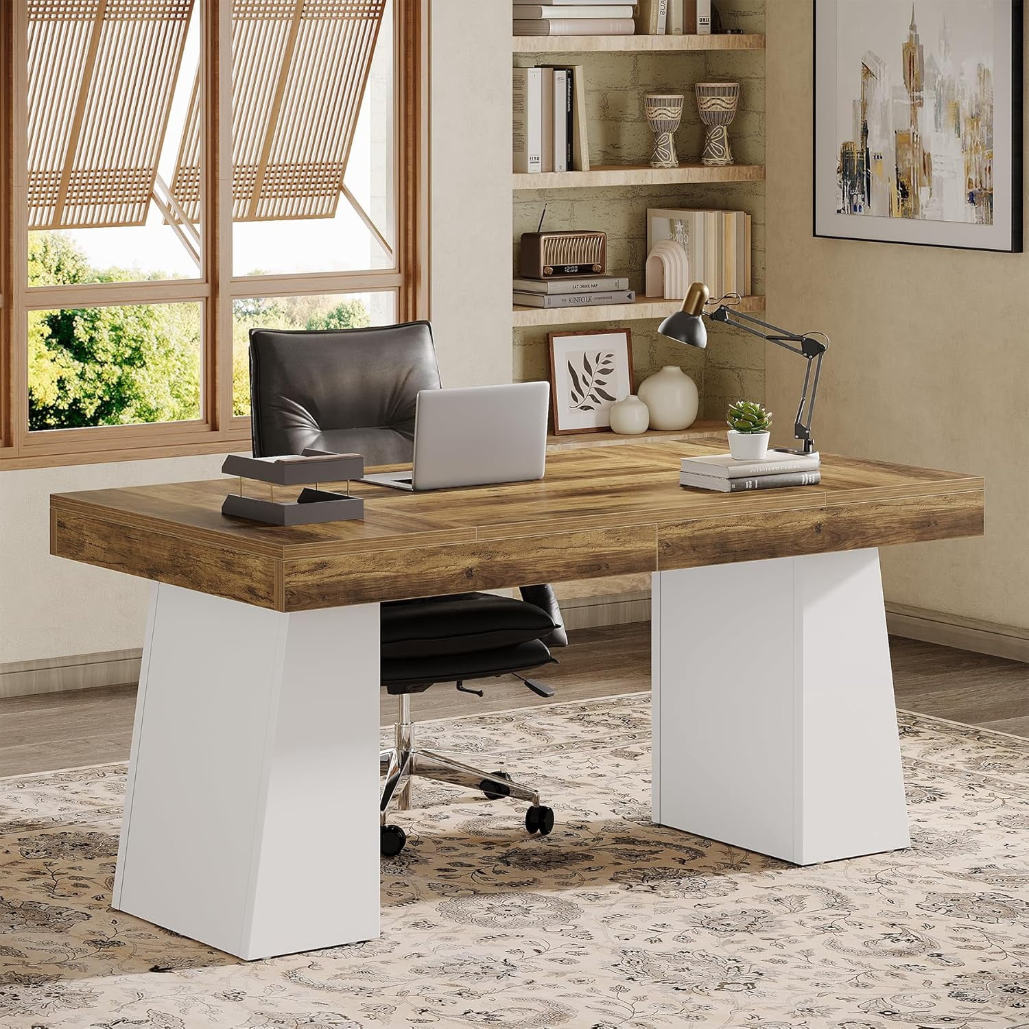 Tribesigns 55-Inch Office Desk with Double Pedestal, Modern Simple Executive Desk, Computer Table for Home Office, Brown & White