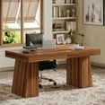 thumbnail image 1 of Finmind 55" Executive Desk, Mid-Century Home Office Desk with Double Trapezoid Base, Versatile Workstation Desk or Small Conference Table, Brown, 1 of 9