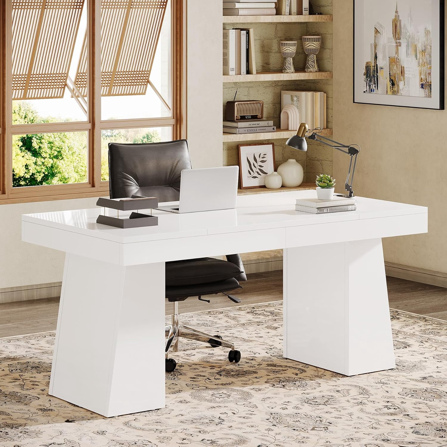 Tribesigns 55" Executive Desk, Mid-Century Home Office Desk with Double Trapezoid Base, Versatile Workstation Desk or Small Conference Table, White