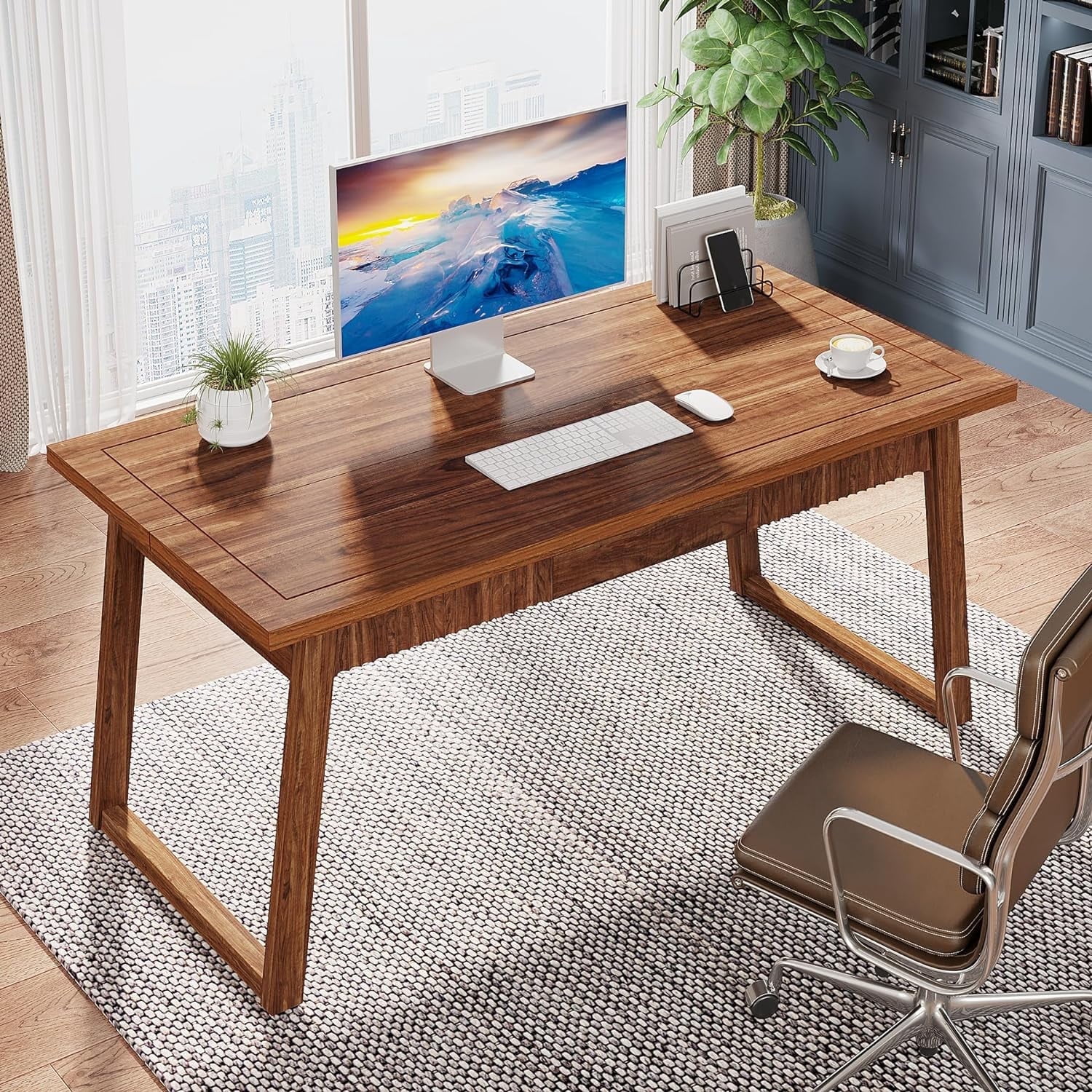 Tribesigns 55" Executive Desk, Solid Wood Home Office Computer Desk with Drawer, Walnut Brown