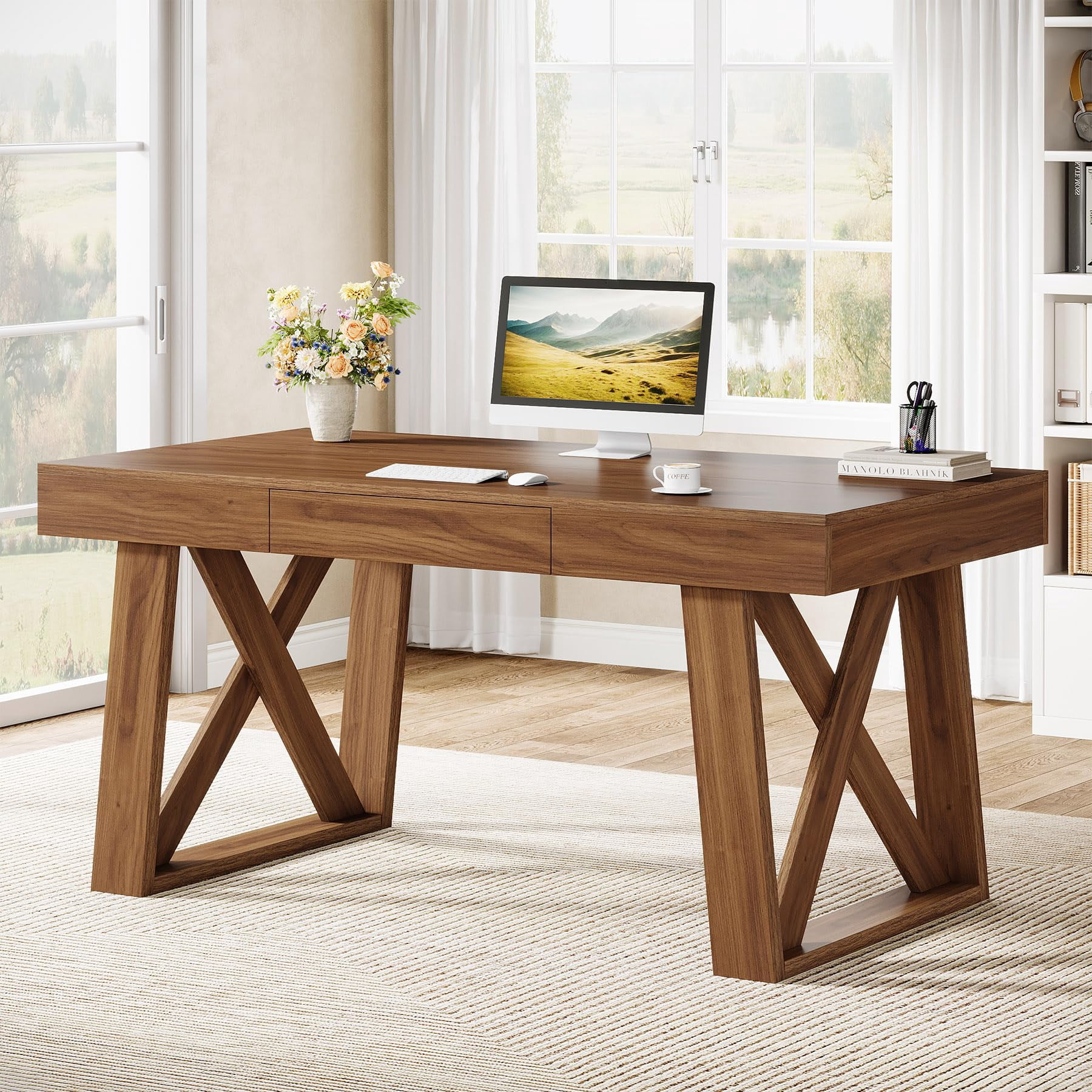 Tribesigns 55" Executive Desk with Drawer, Retro Brown Computer Office Desk with Wide Desktop , Modern Business Workstation Table for Home Office