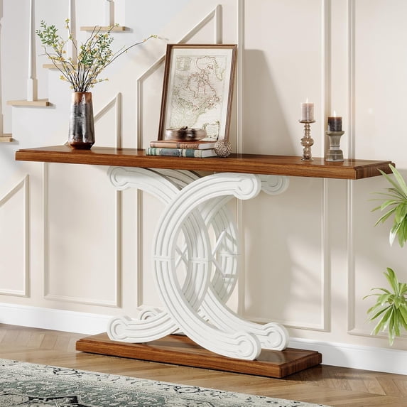 Tribesigns 55" Farmhouse Console Table - Vintage Sofa Entryway Table with Geometric Base, Brown & White