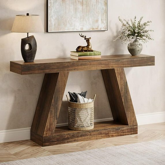 Tribesigns 55" Farmhouse Sofa Table, 2-Tier Wood Hallway Console Table for Living Room, Brown