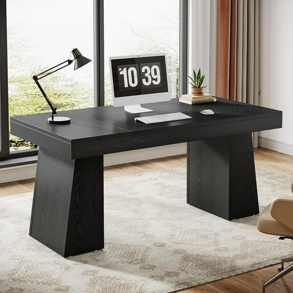 Tribesigns 55" Home Office Desk, Mid-Century Modern Executive Desk, Wood Computer Desk, Black