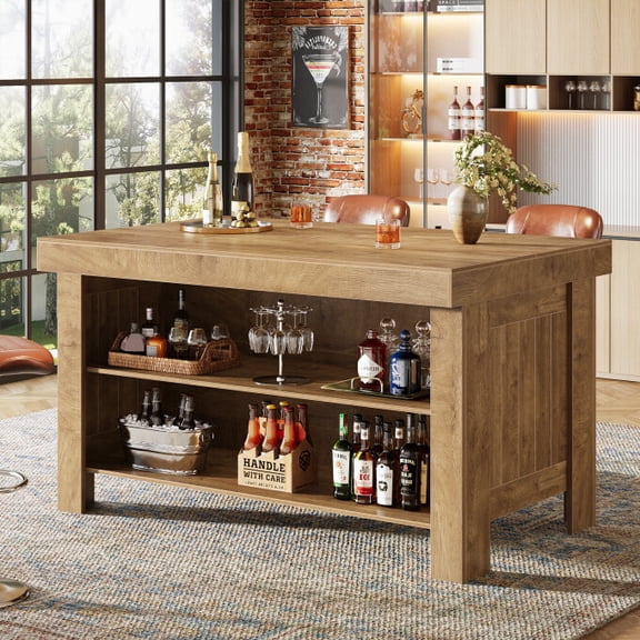 Tribesigns 55-Inch Bar Table with Storage Shelves, Farmhouse Bar Height Table with Front Legroom for Kitchen, Dining Room, Bistro, Oak Brown