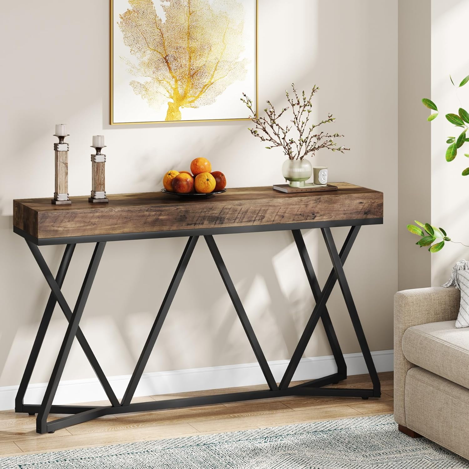 Tribesigns 55 Inch Console Table, Farmhouse Sofa Table Wood Entryway Table with Unique Metal Base, Behind The Couch Table Foyer Table, Industrial Accent Table for Hallway, Living Room, Rustic Brown