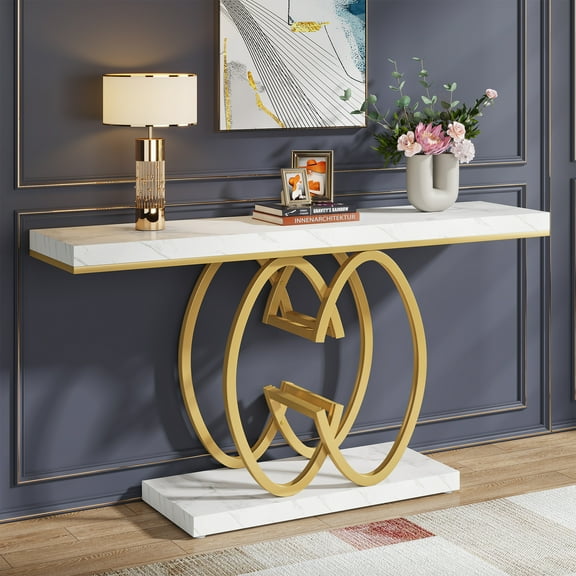 Tribesigns 55 Inch Console Table for Hallway, Faux Marble Gold Entryway Table with Geometric Metal Base, Modern Narrow Sofa Accent Table for Entrance, Living Room, Foyer