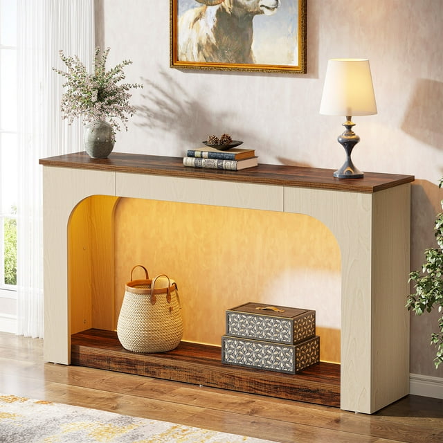 Tribesigns 55 Inch Console Table With LED Lights, 2 Tier Narrow Sofa Table with Storage, Wood ...