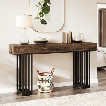 Tribesigns 55-Inch Console Table for Entryway, Industrial Hallway Table with Metal Frame for Living Room, Entrance, Brown & Black