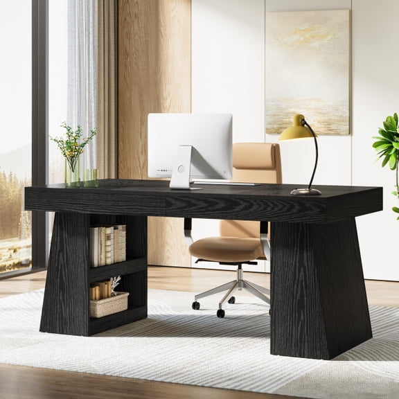 Tribesigns 55-Inch Executive Desk with Drawer and Storage Shelves, Large Office Computer Desk with Double Pedestal for Home Office, Black