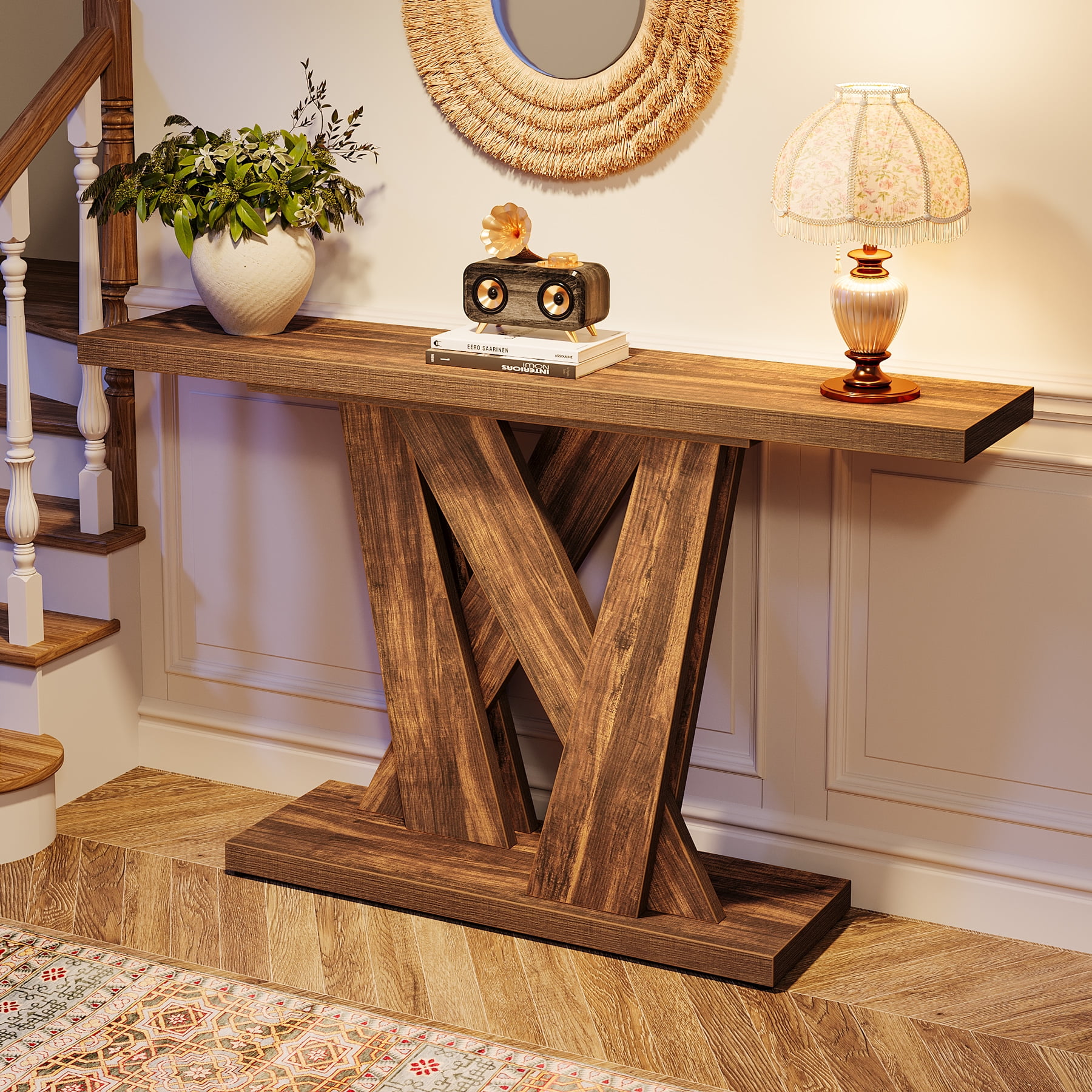 Rustic Brown 55'' Wood Console Table with Geometric Base