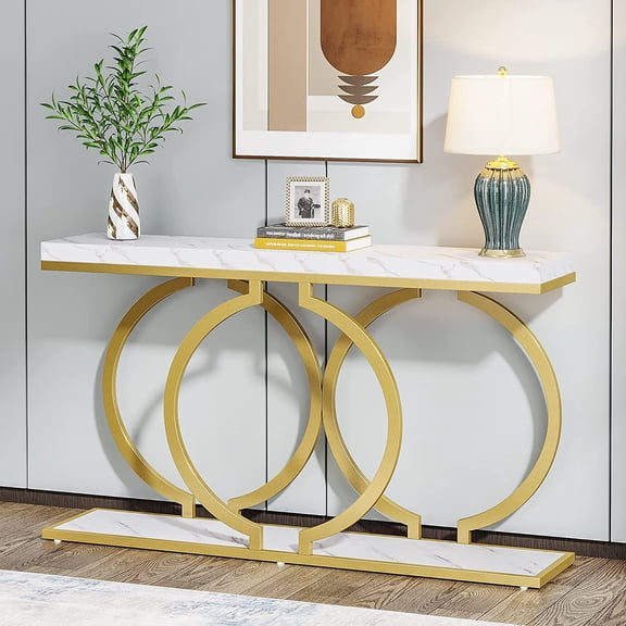 Tribesigns 55-Inch Gold Console Table, Faux Marble Entryway Table with Geometric Metal Base