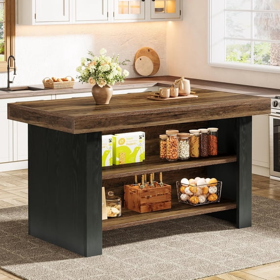 Tribesigns 55-Inch Kitchen Island with Storage, Farmhouse Center Island Table for Kitchen, Dining Room, Living Room, Brown & Black