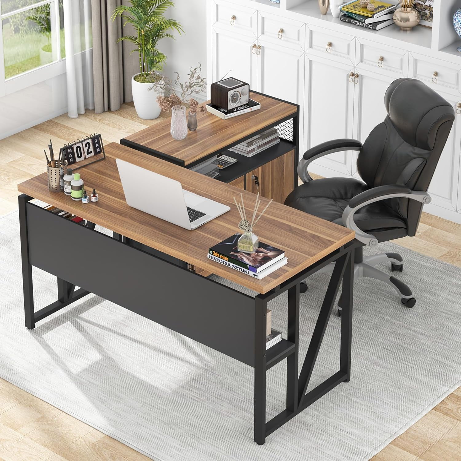 Tribesigns 55 Inch L Shaped Executive Desk and 43" Lateral File Cabinet, 2 Drawers and 4 Cubes, Walnut and Black