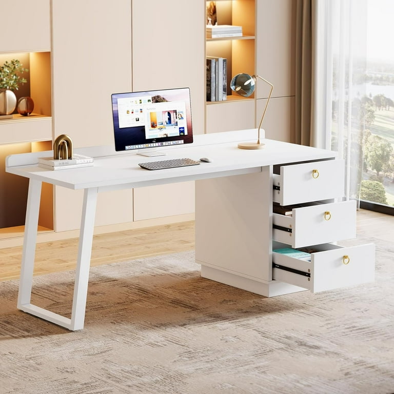 Tribesigns 55 Inch White Computer Desk with Drawers Modern Home Office and Study Workstation