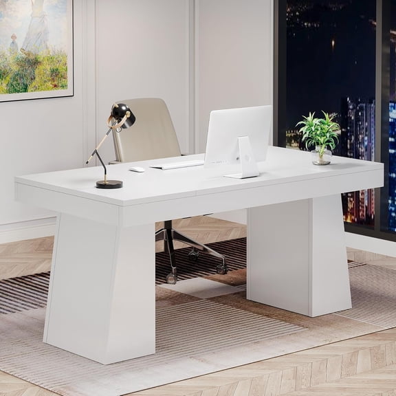 Tribesigns 55 Inches Executive Desk, Mid-Century Modern Home Office Desk with Double Trapezoid Base